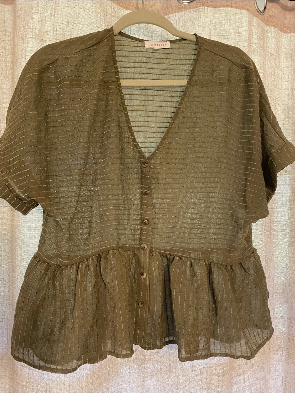 Blu Pepper Olive Short Sleeve Button-Front Peplum Top
